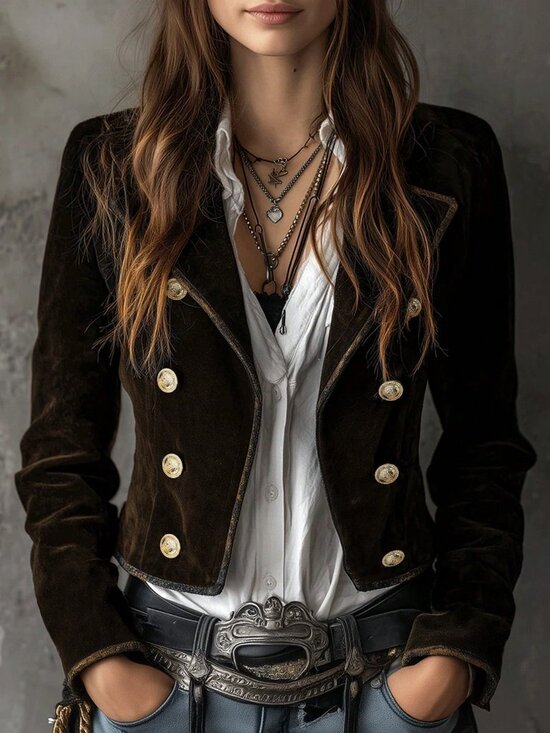Jackets & Blazers - Brown Casual Women's Double-Breasted Blazer Vacation